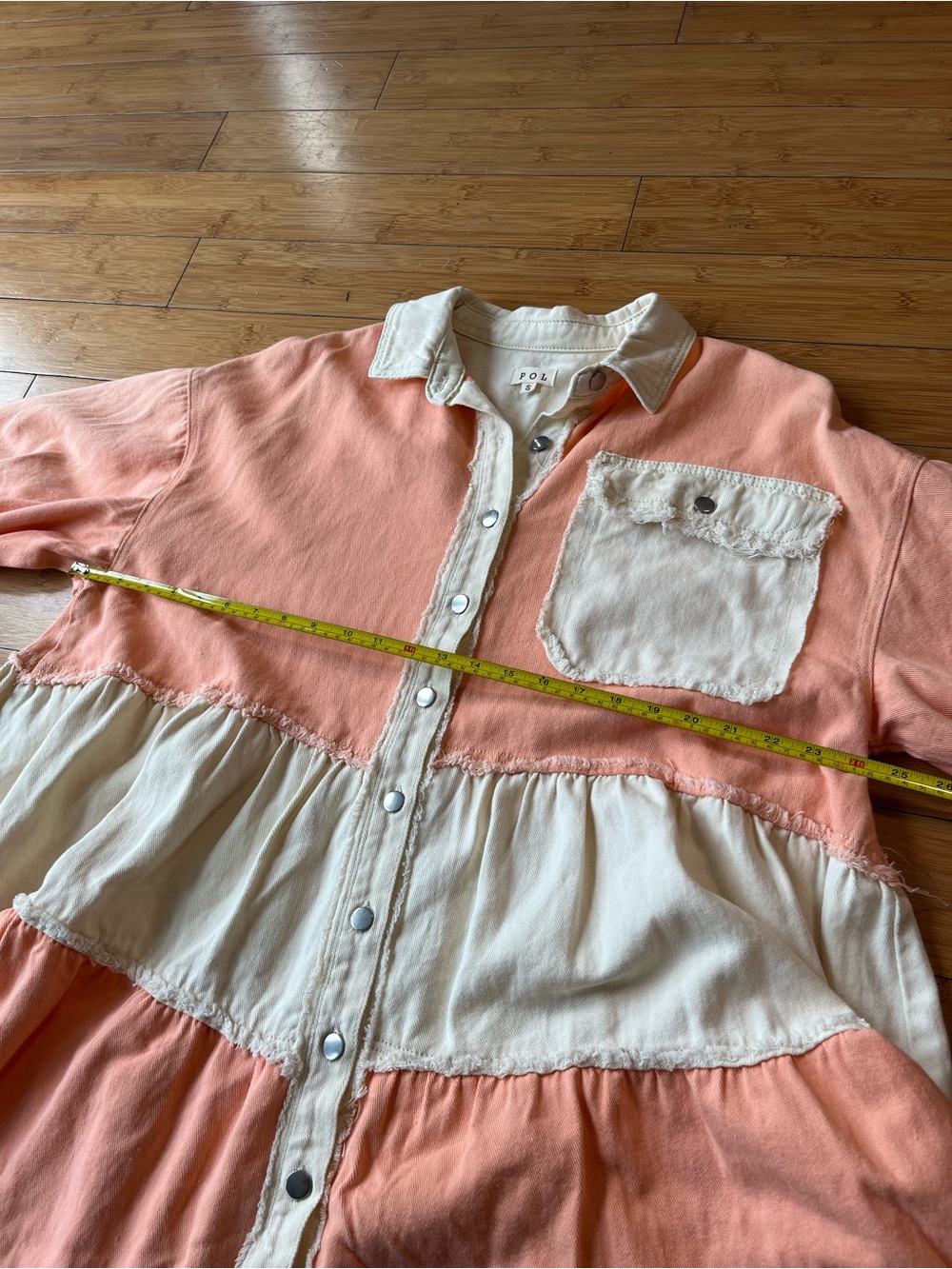 POL Pink & Cream Long Sleeve Tiered Denim Dress Western Boho Frayed Hem - Picture 10 of 11